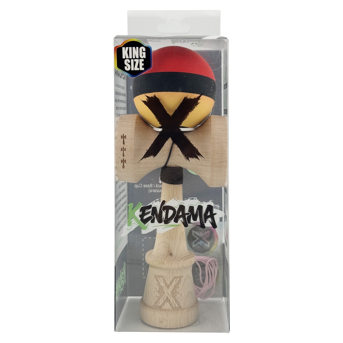 Kendama X Originala, Profesionala, Flippy, Cupe Mari KING SIZE V3, Rubber Grip, Gaura in Baza, Rulment Metalic, din lemn 18 cm, Ata 62/65 cm, M Rosu/Negru/Galben