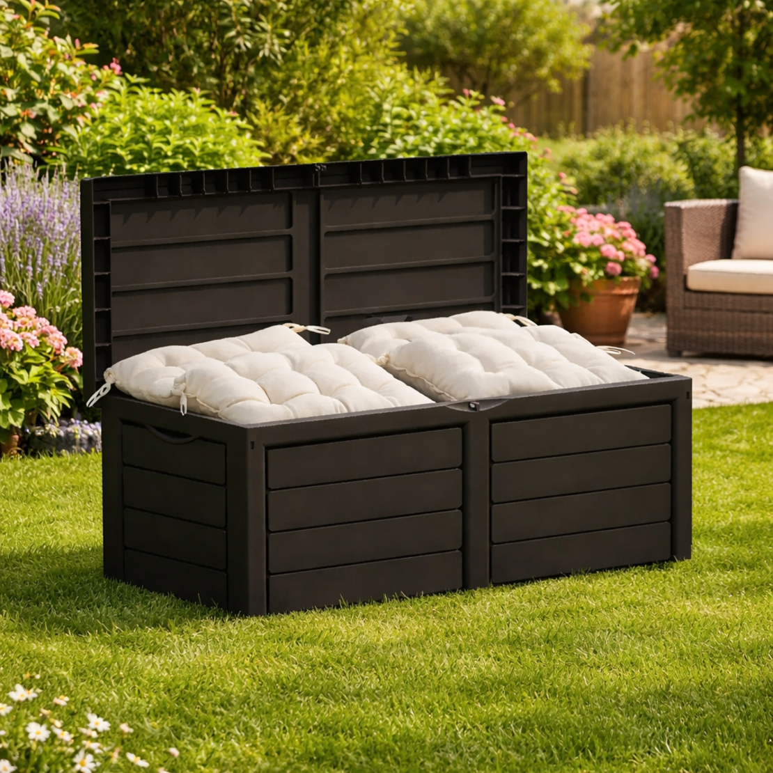Cutie depozitare gradina 320 l, pentru perne si accesorii, 119x52x53 cm, negru