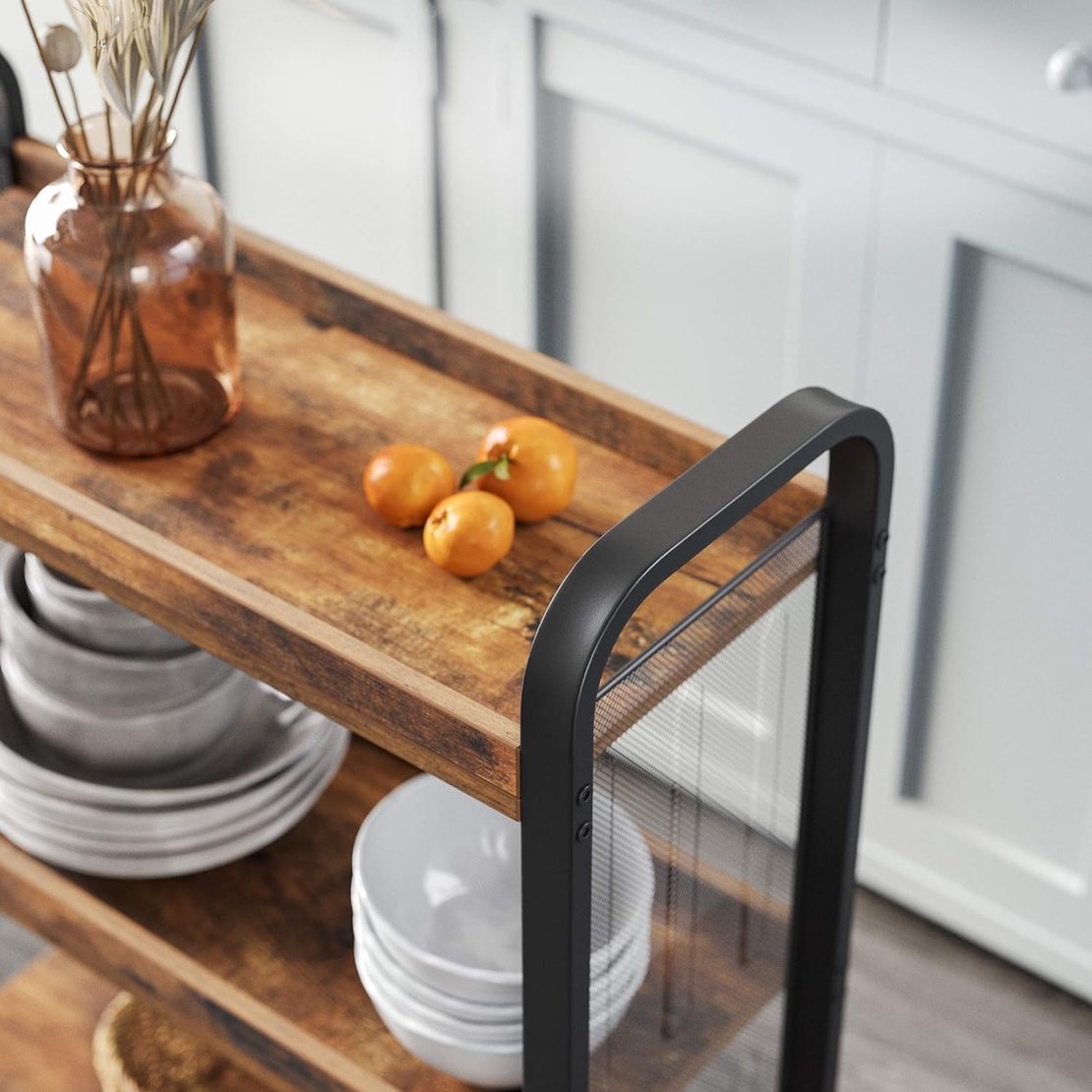 VASAGLE Carucior de servire pe roti pentru bucatarie, cu 3 polite, stil industrial, 26x66x85cm, maro rustic