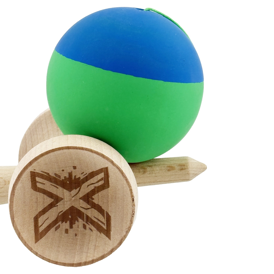 Kendama X Originala, Profesionala, Flippy, Rubber Grip, Cupe Mari KING SIZE V3, Gaura in Baza, Rulment Metalic, din lemn 18 cm, Ata 62/65 cm, Bicolor Albastru/Verde
