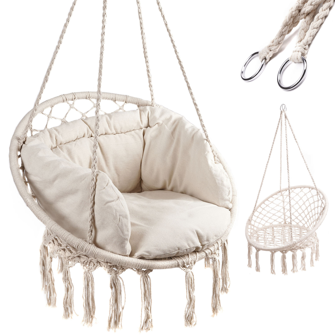 Scaun rotund tip leagan suspendat cu perna Confort Plus, casa sau gradina, bej