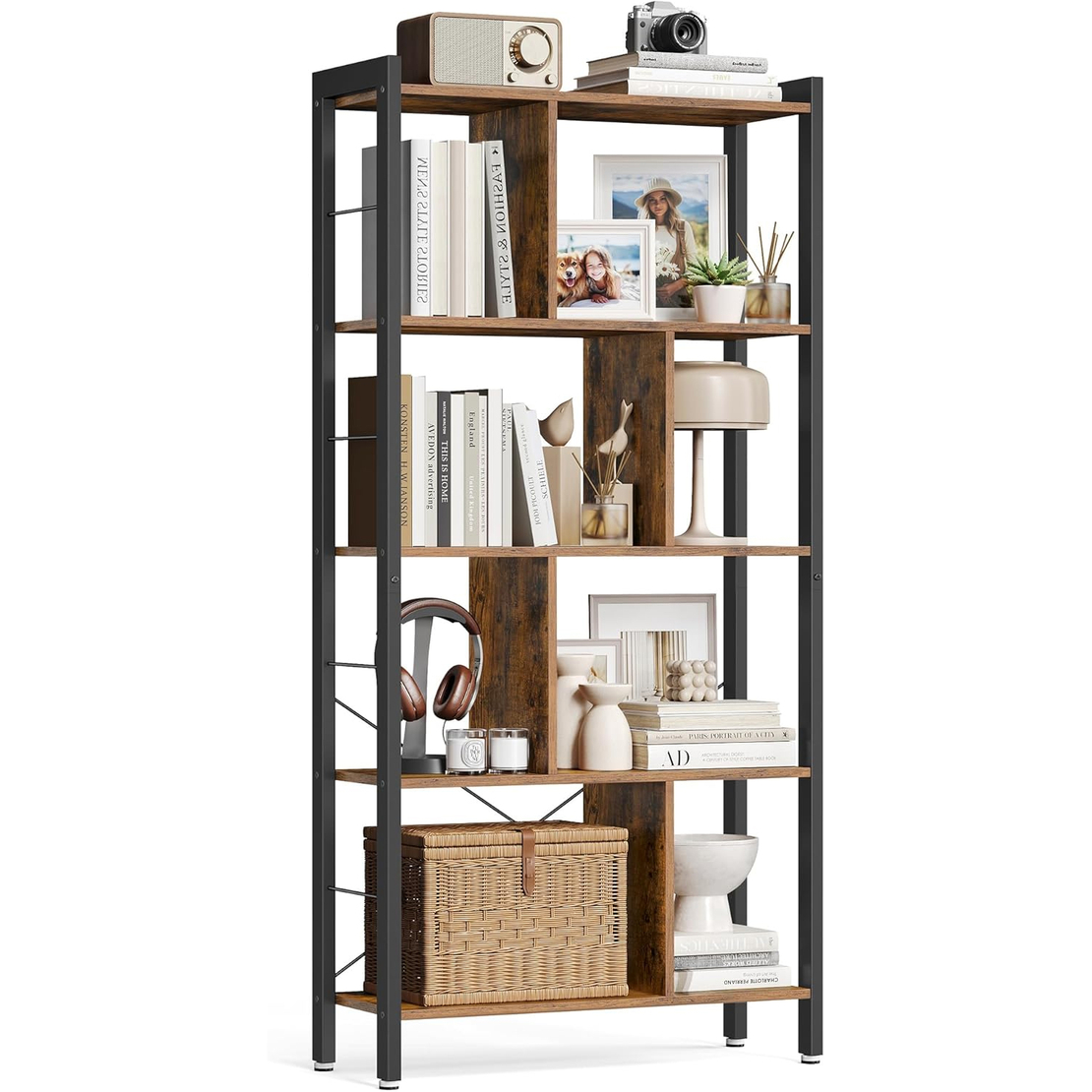 VASAGLE Biblioteca cu 4 rafturi, cadru metalic, stil industrial, 74x30x155 cm, maro rustic