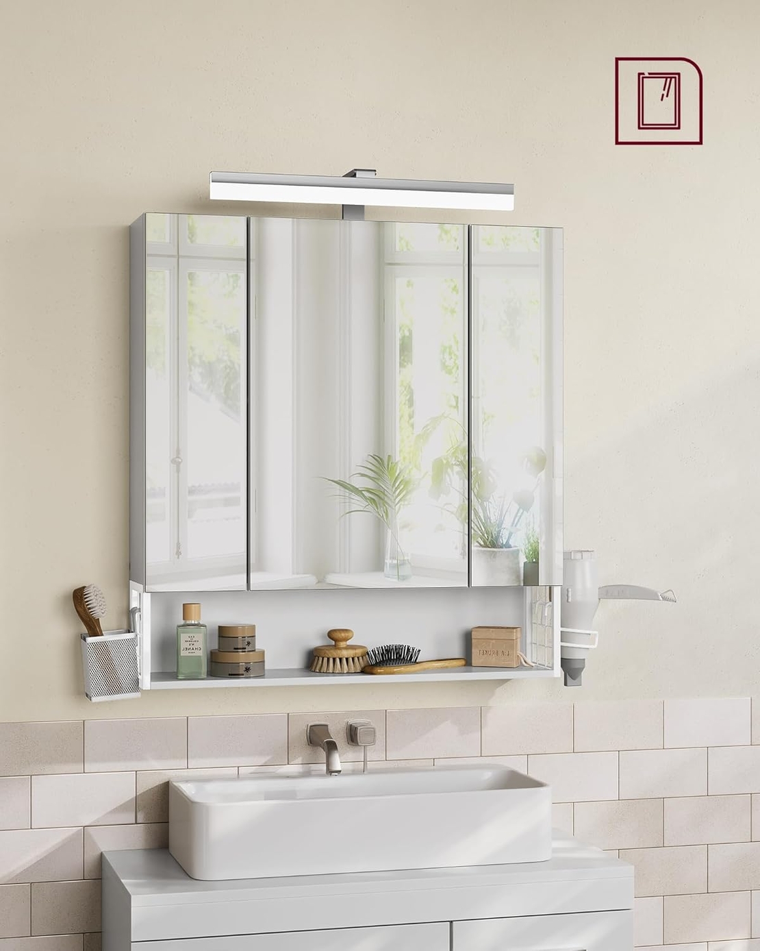 VASAGLE Dulap de baie de perete, cu oglinda si LED, prize si USB incorporate, 70x16x75 cm, alb