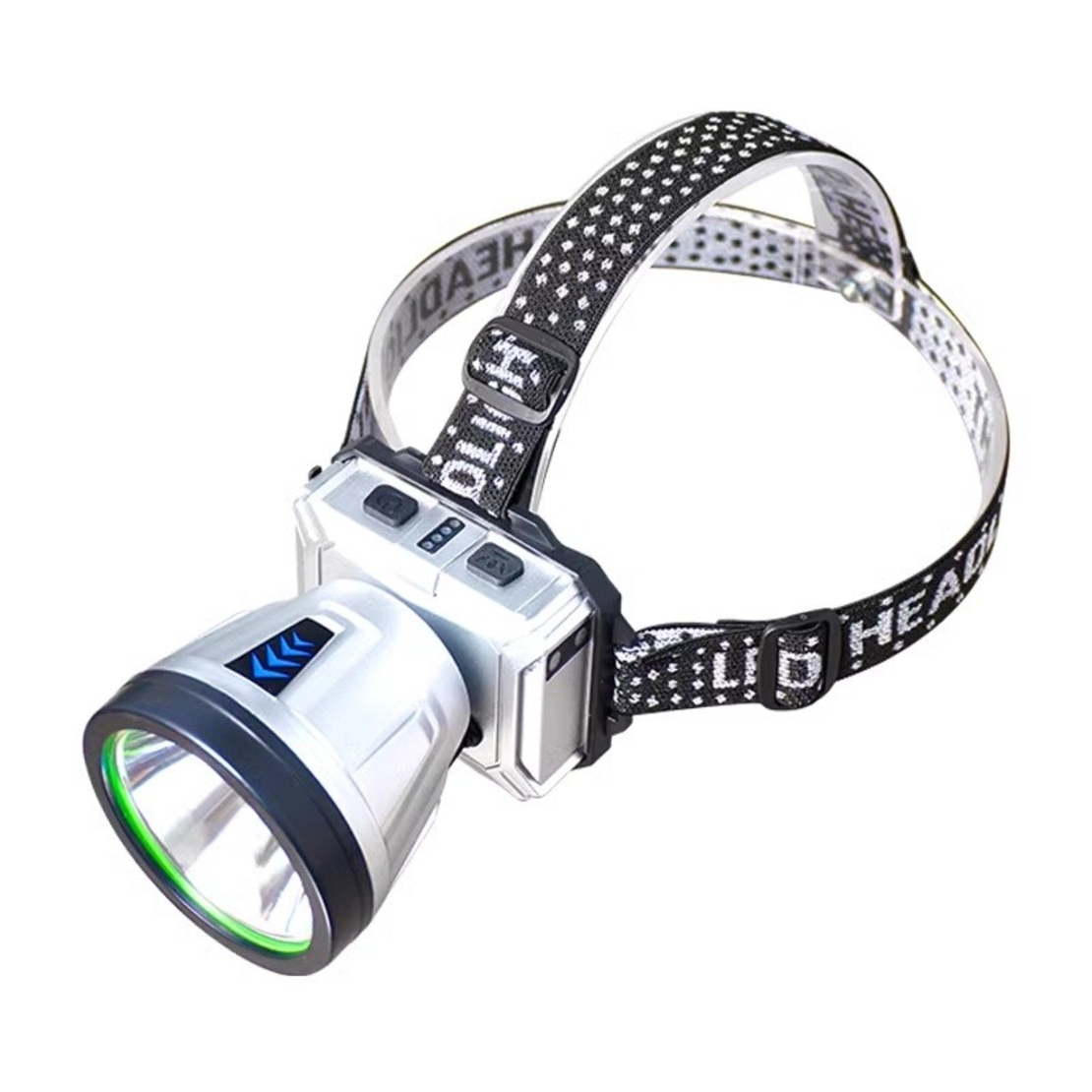 Lanterna Power Bank LED, Vafy, cu Suport pentru Cap, Incarcare USB, Raza 100-200m, 5W, 3 Trepte de Lumina, Afisaj Baterie, Argintiu