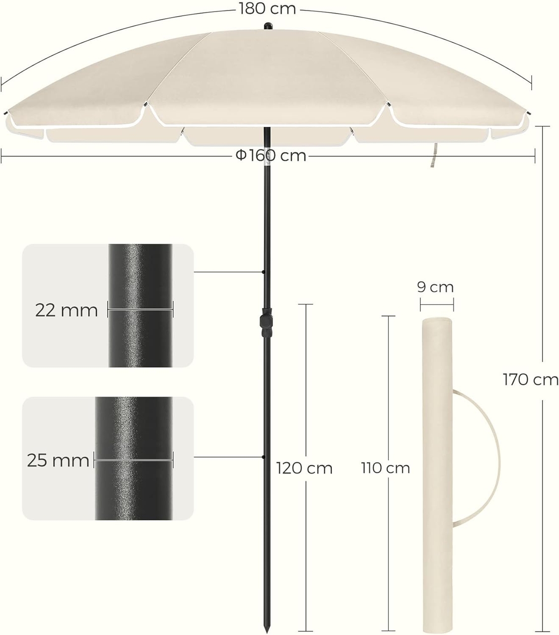 SONGMICS Umbrela terasa gradina sau plaja, cu inclinare, husa, diametru 160cm, bej