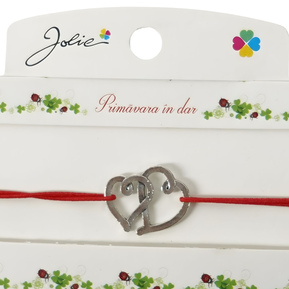 Martisor Bratara cu 2 Noduri, Jolie, Snur Rosu, Model Inimioare, Elastica, Dimensiune Reglabila, Ambalata Individual, Rosu/Argintiu
