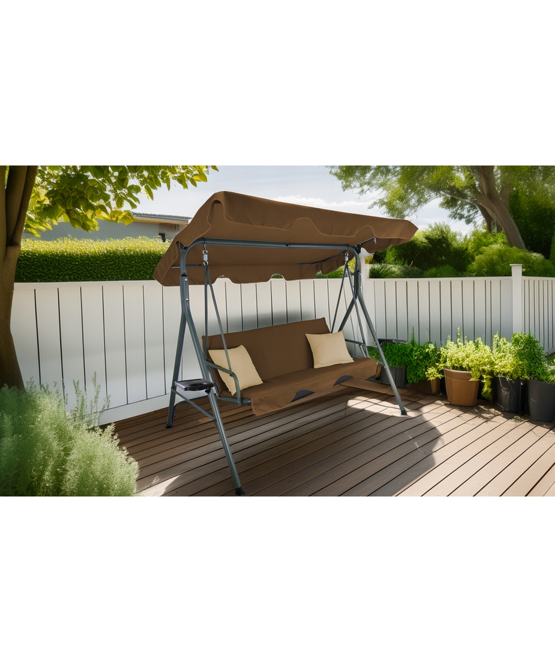 Leagan gradina 3 locuri 170x118x153 cm, cu perne, baldachin reglabil si masute laterale, structura otel, maro