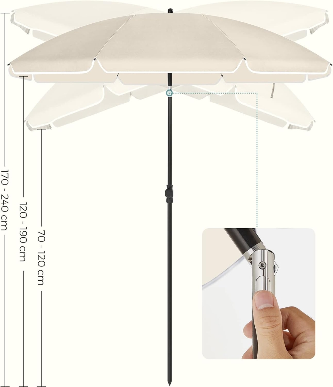 SONGMICS Umbrela terasa gradina sau plaja, cu inclinare, husa, diametru 200cm, bej
