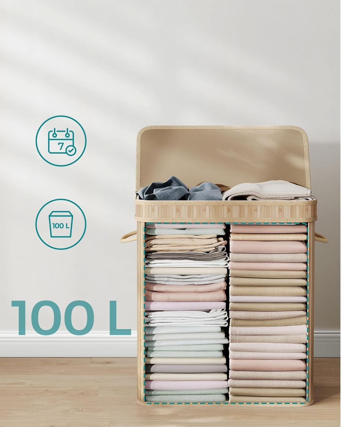 SONGMICS Cos de rufe din bambus cu capac 100L, sac textil detasabil, 55x35x61 cm, bej natur
