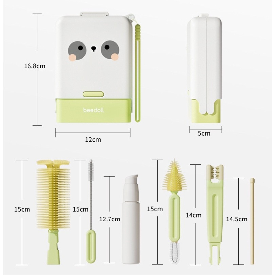 Set 7 Piese de Spalat/Uscat Biberoane, Flippy, Portabil, Peri de Silicon, pentru Tetine, Suzete, Biberoane, Paie, Cutie Inclusa, 16.8 x 12 x 5 cm, Model Panda, Verde