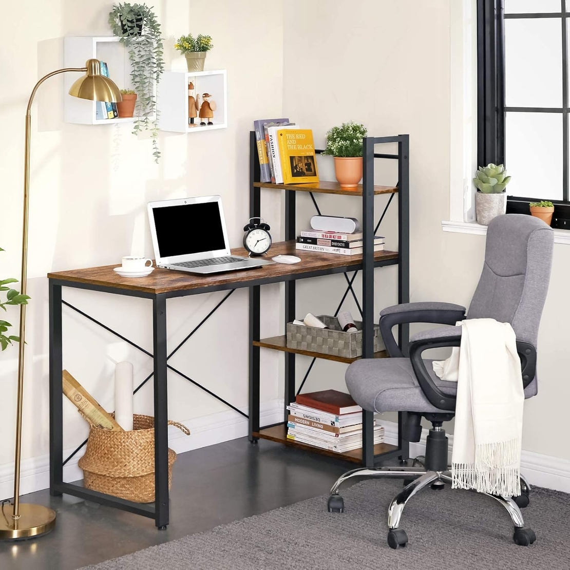 VASAGLE Birou cu raft lateral, montare stanga sau dreapta, industrial, 56x120x120 cm, maro