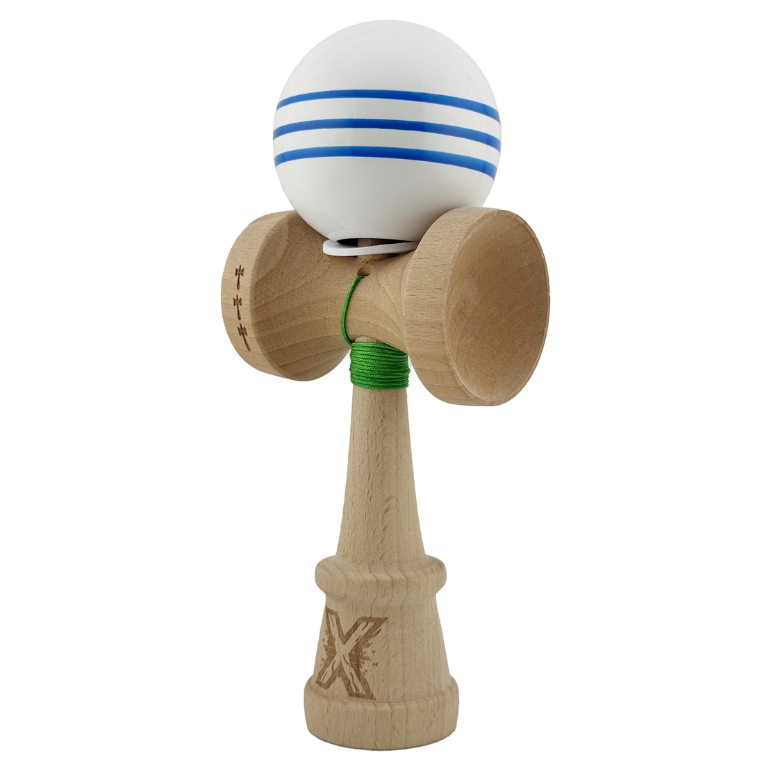 Kendama X Originala, Profesionala, Flippy, Super Sticky cu Cupe Mari KING SIZE V3, Gaura in Baza, Rulment Metalic, din lemn 18 cm, Ata 62/65 cm, Special Alb/Albastru
