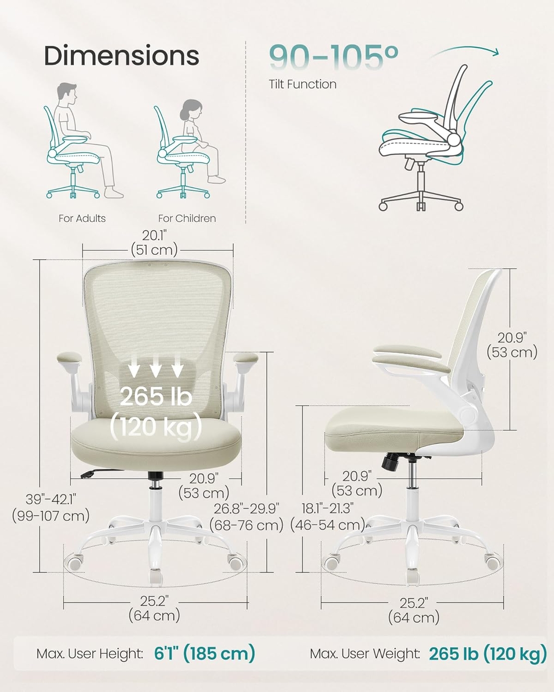 SONGMICS Scaun de birou ergonomic reglabil cu spatar mesh si suport lombar, maxim 120 kg, 64x64x107 cm, bej