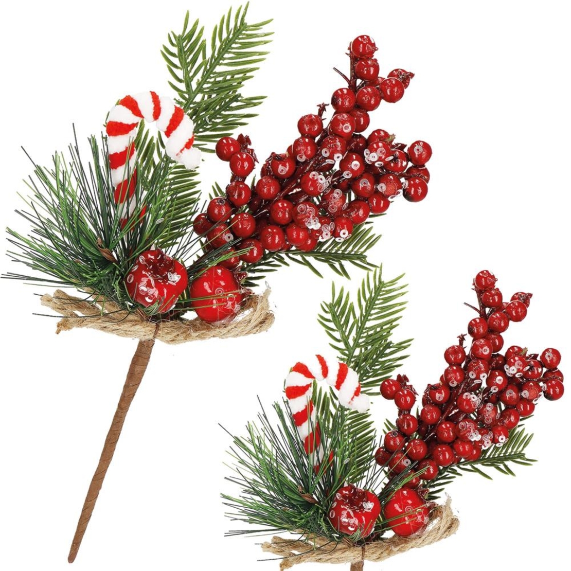 Ramura decorativa Craciun cu fructe rosii, acadea si sfoara iuta, 24 cm, rosu