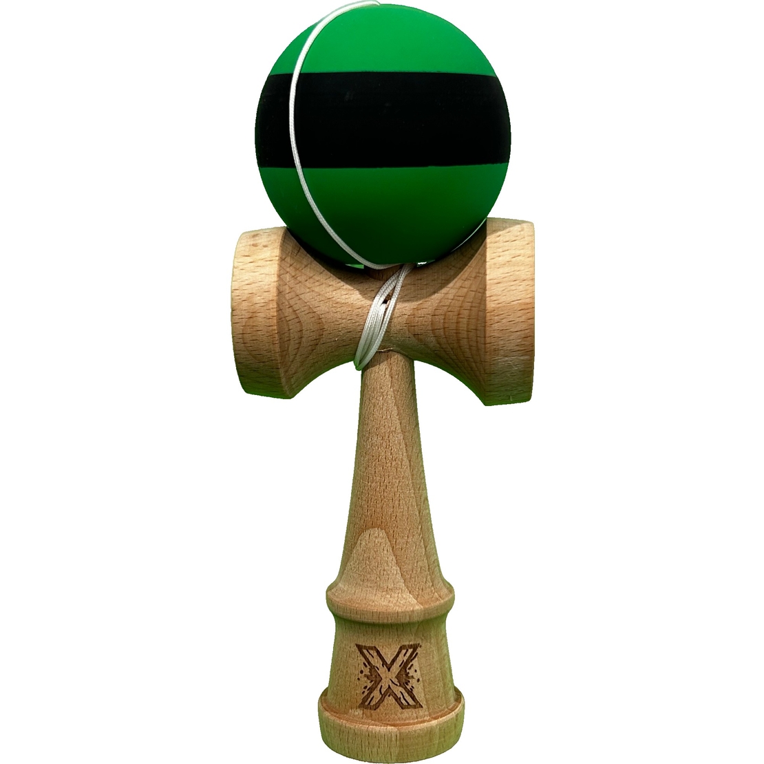 Kendama X Originala, Profesionala, Flippy, 18 cm, din Lemn, Rubber Grip, Negru/Verde