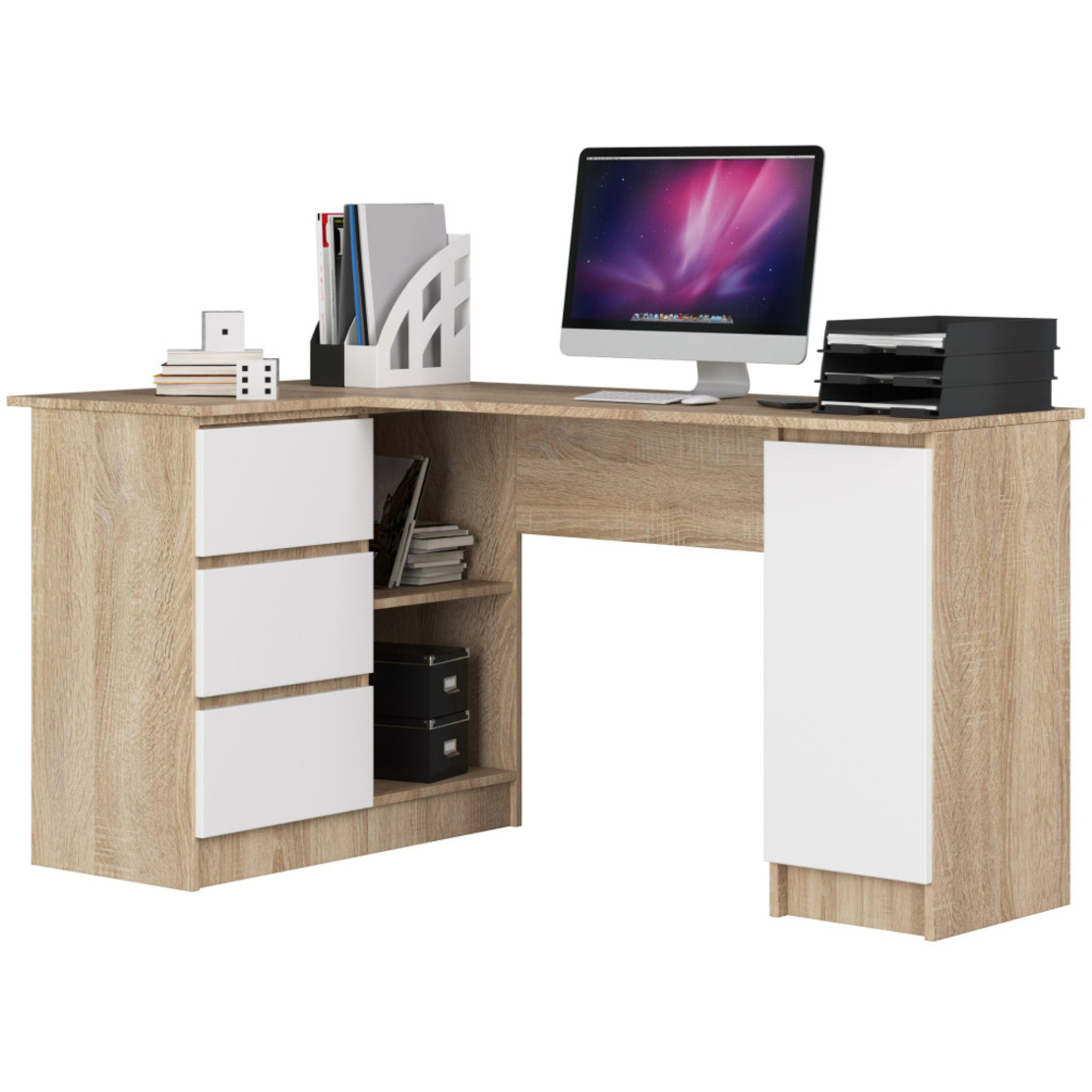 Birou colt stanga in L cu 3 sertare si rafturi, PAL laminat 16 mm, 155x85x77 cm, stejar sonoma si alb
