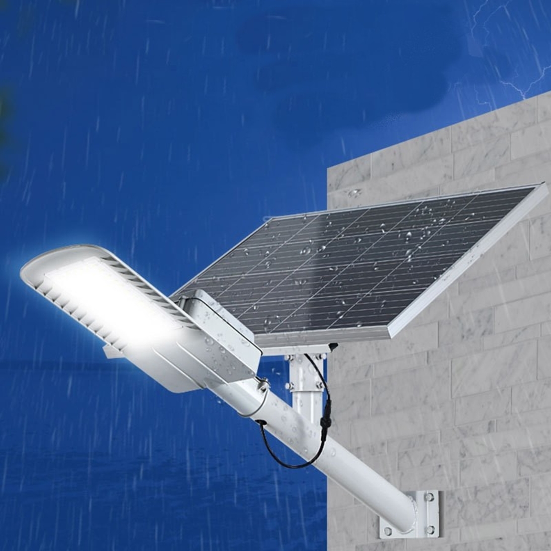 Lampa solara stradala Flippy, IP65, senzor de lumina, 60 LED-uri SMD, 2250 lm, panou 25W, putere 200W, autonomie 12-16 ore, telecomanda, montare prin fixare, pentru strada sau gradina, finisaj mat, material ABS, 51.5 x 21 x 7.5, gri