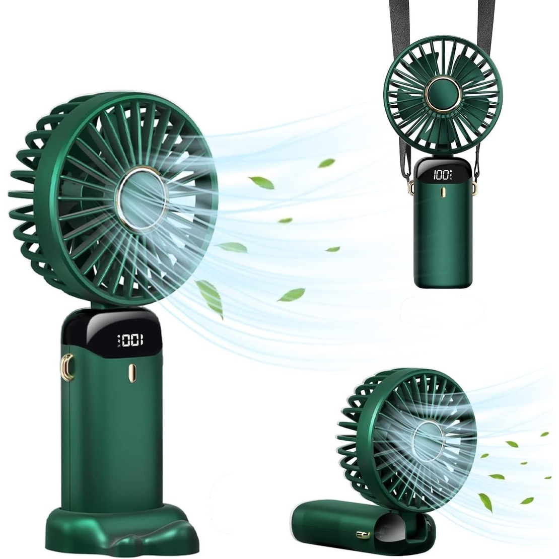 Ventilator Ultra Portabil cu Aromaterapie, Vafy, 3 in 1, de Mana, de Birou, de Gat, 5 Trepte de Viteza, Incarcare USB, Autonomie 12h, Pliabil, cu Ecran LCD, Verde
