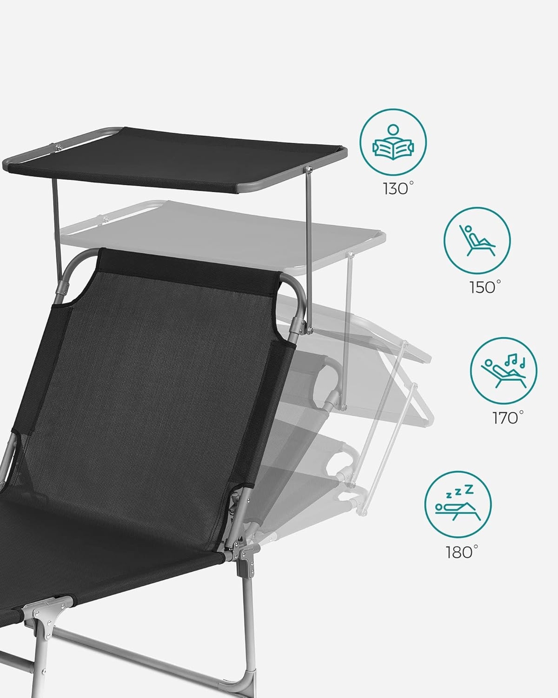SONGMICS Sezlong pliabil, cu parasolar si tetiera, spatar reglabil in 4 pozitii, maxim 150kg, 200x71x38cm, negru
