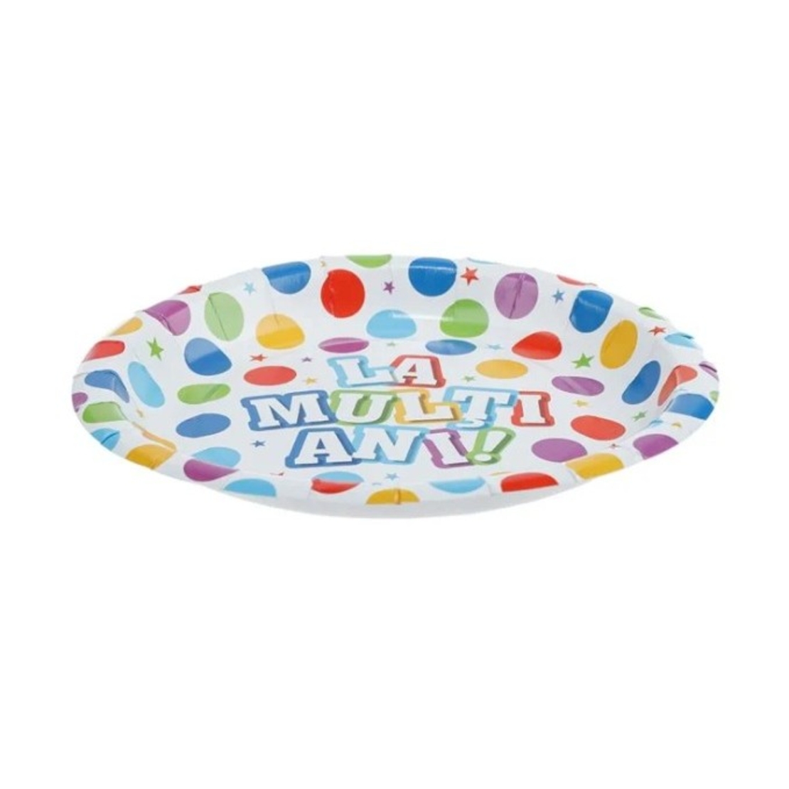 Set 10 Farfurii Unica Folosinta, Flippy, Imprimeu La Multi Ani, din Carton, Diametru 17 cm, Multicolor