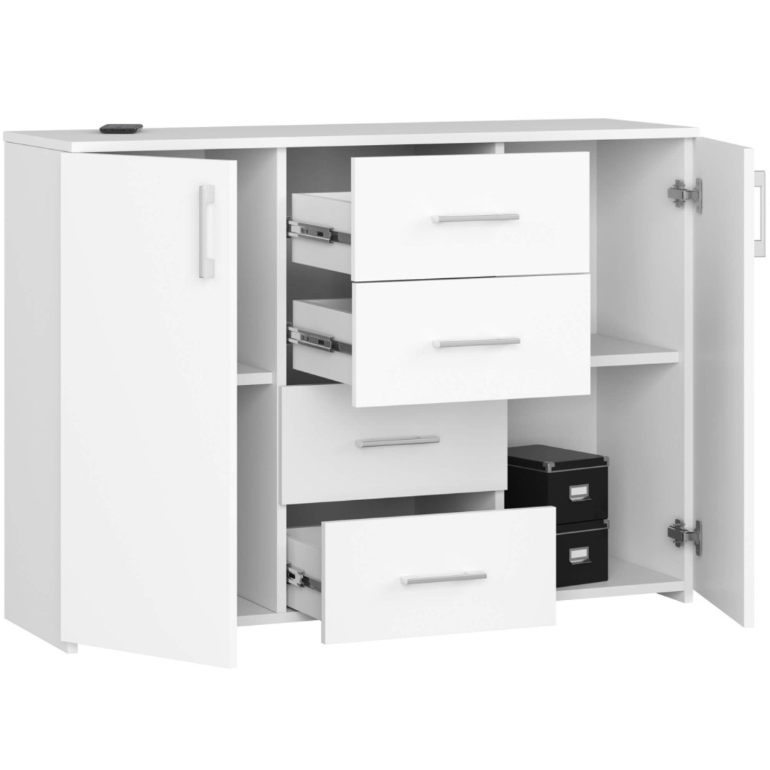 Comoda cu 4 sertare si 2 usi, PAL laminat, 110x35x80 cm, alb mat