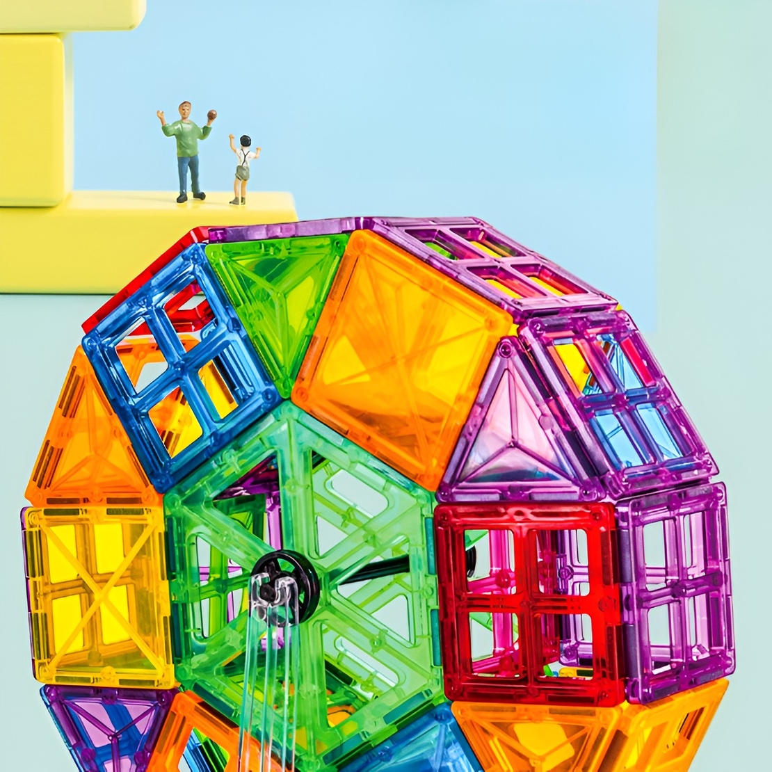 Set 60 de Piese Magnetice de Constructie, Flippy, Magnetic Tiles, Piese Mari, Forme Geometrice, 3 Ani, ABS, Magnet, 20.5 x 14.5 x 12 cm, Multicolor