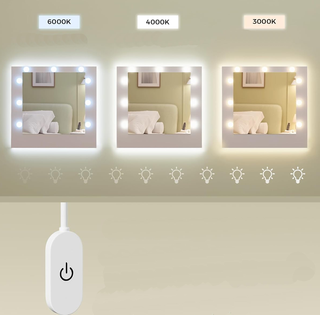 VASAGLE Masa de toaleta Kailyn cu oglinda, iluminare LED reglabila, priza integrata AC si USB, fronturi MDF, 40x107x144 cm, alb