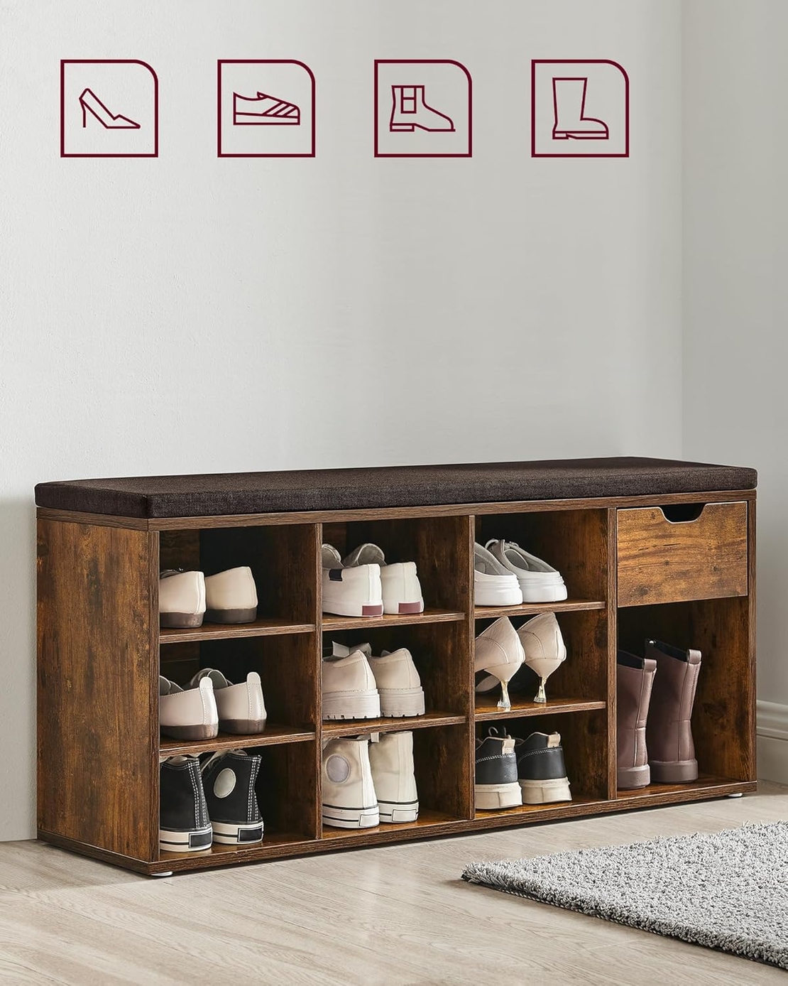 VASAGLE Banca de depozitare cu suport pentru pantofi, 10 compartimente si dulap, cu perna, 30x104x48cm, maro rustic