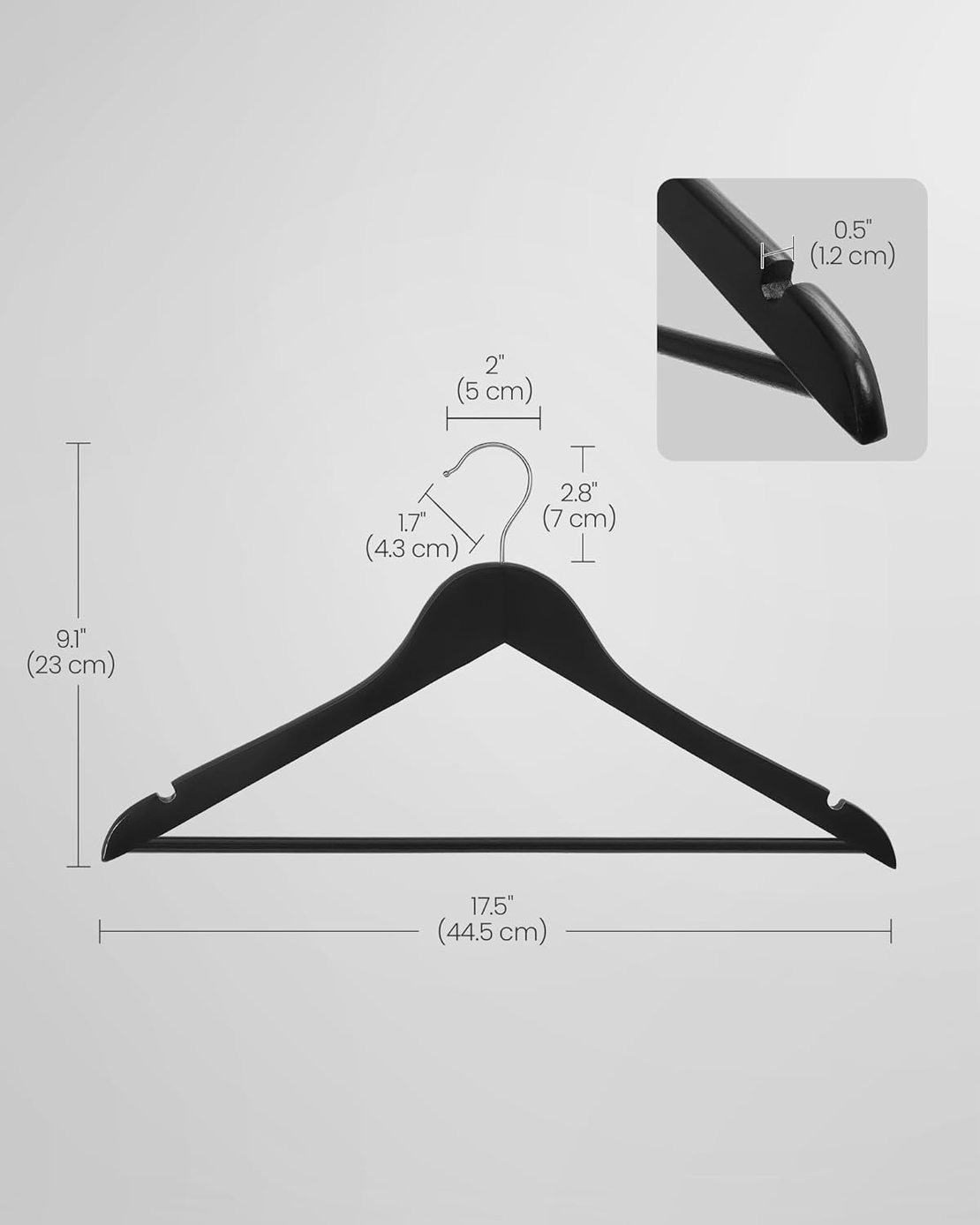 SONGMICS Umerase haine 45x23 cm, set 20 buc, lemn masiv cu bara pentru pantaloni si carlig rotativ, negru