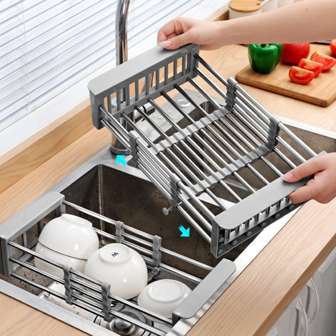 Suport Scurgere Extensibil pentru Bucatarie, Flippy, Uscator Vase din Otel Inoxidabil, Suport Tacamuri si Pahare, Suport pentru Fructe si Legume, 29 x 22 x 9.5 cm Gri