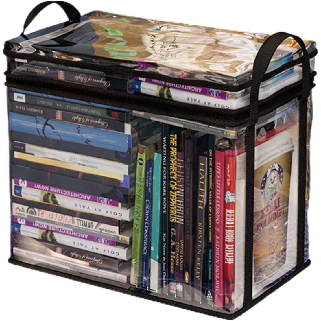 Cutie de Depozitare, Flippy, din PVC + Textil, Rezistenta la Apa, Geanta pentru Carti, 38x24x32 cm, Transparent-Negru