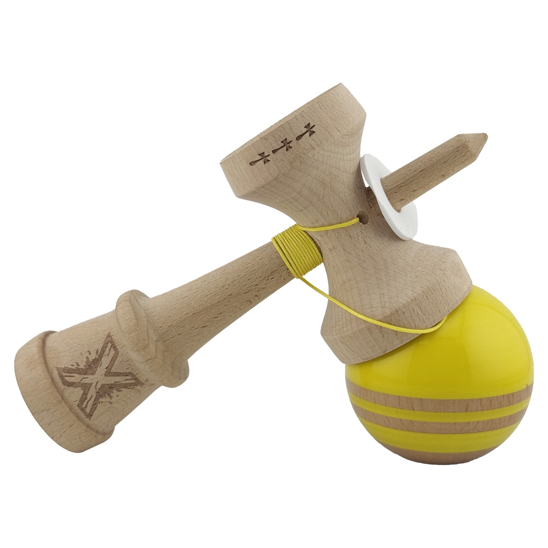 Kendama X Originala RAINBOW, Profesionala, Flippy, Cupe Mari KING SIZE V3, Super Sticky, Gaura in Baza, Rulment Metalic, din lemn 18 cm, Ata 62/65 cm, Galben/Maro