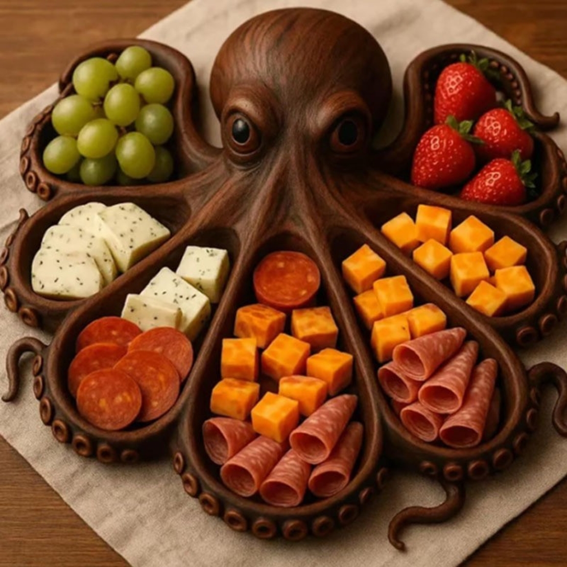 Platou pentru Servire, Vafy, in Forma de Caracatita, 8 Compartimente pentru Mezeluri Branzeturi Snacksuri, Design Artistic, din Lemn Masiv, 26 x 25 x 3 cm, Maro inchis