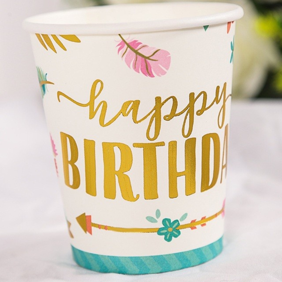 Set 10 Pahare, Flippy, Imprimeu Happy Birthday Gold, din Carton, 250 ml, 7.5 x 8.5 x 5.2 cm, Multicolor