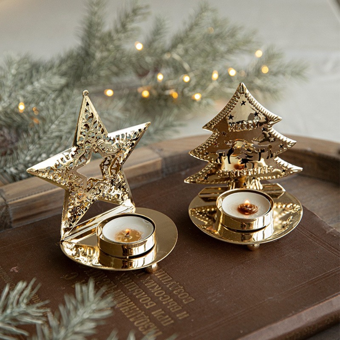 Suport Decorativ pentru Lumanare de Craciun, Flippy, Model Brad Auriu din Art Metal, pentru Masa fara Agatare, 10.5 x 9 x 7.5 cm, Auriu