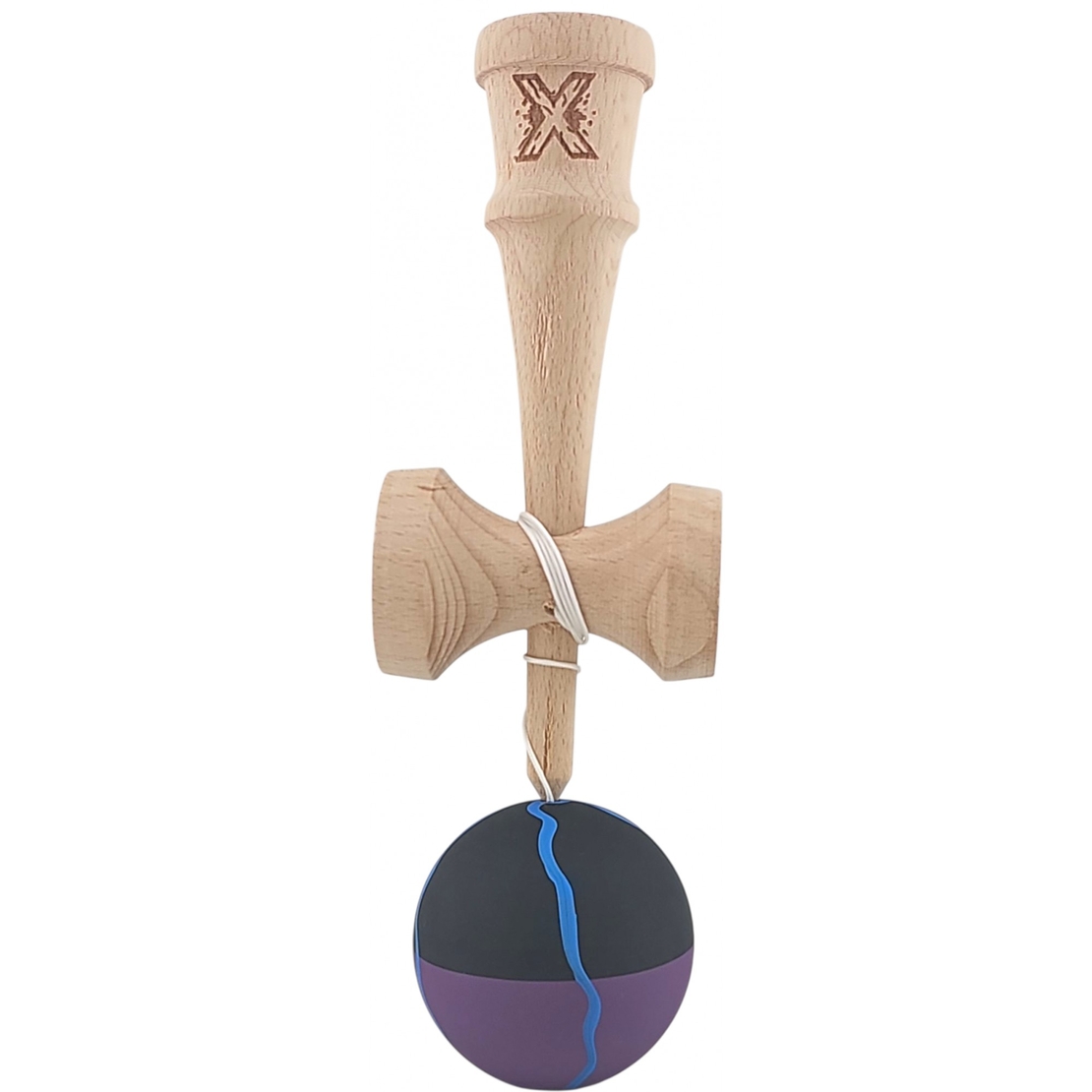 Kendama X Originala, Profesionala, Flippy, din Lemn, Rubber Grip, 18 cm, Negru/Mov/Albastru