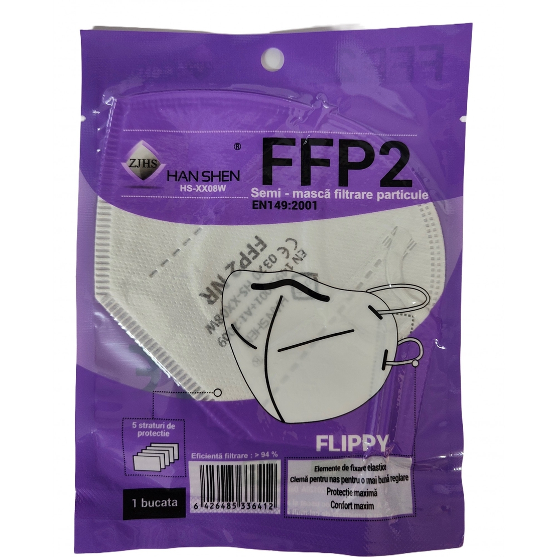 Set 49 bucati Masca de protectie faciala, Flippy, de unica folosinta pentru adulti, FFP2, KN95 CE 0370, 5 straturi, nesterila, ambalaj individual, Alb