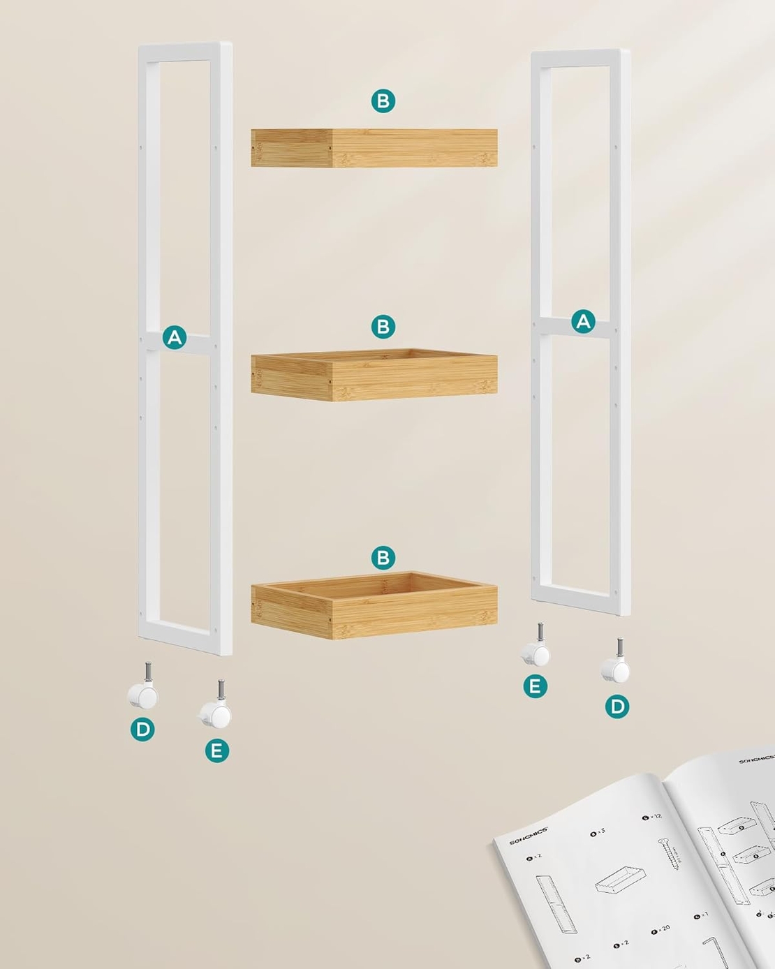 SONGMICS Carucior de baie, raft ingust cu roti, bambus si MDF, 20x30x80 cm, alb si maro natur