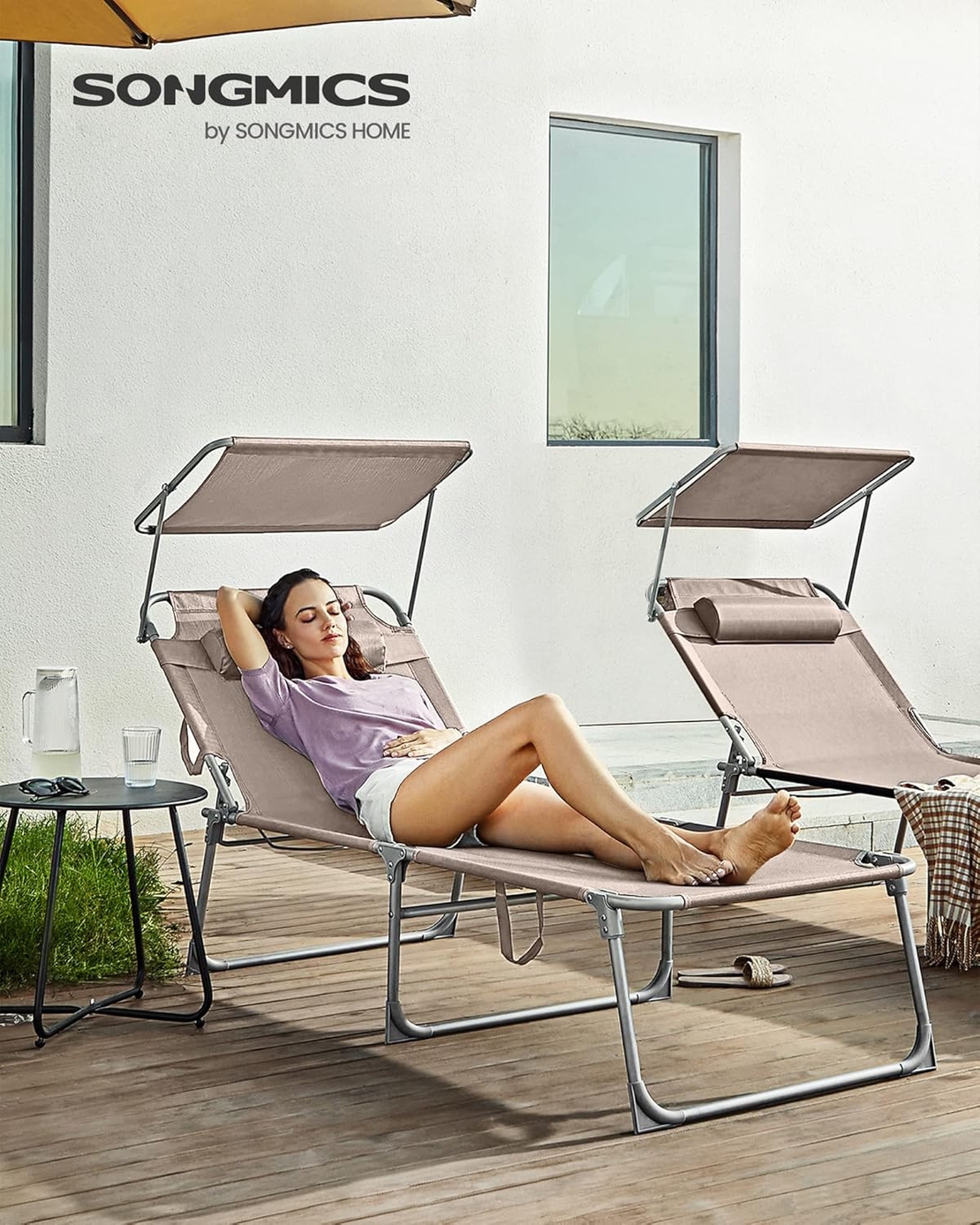 SONGMICS Sezlong pliabil, cu parasolar si tetiera, spatar reglabil in 4 pozitii, maxim 150kg, 200x71x38 cm, taupe