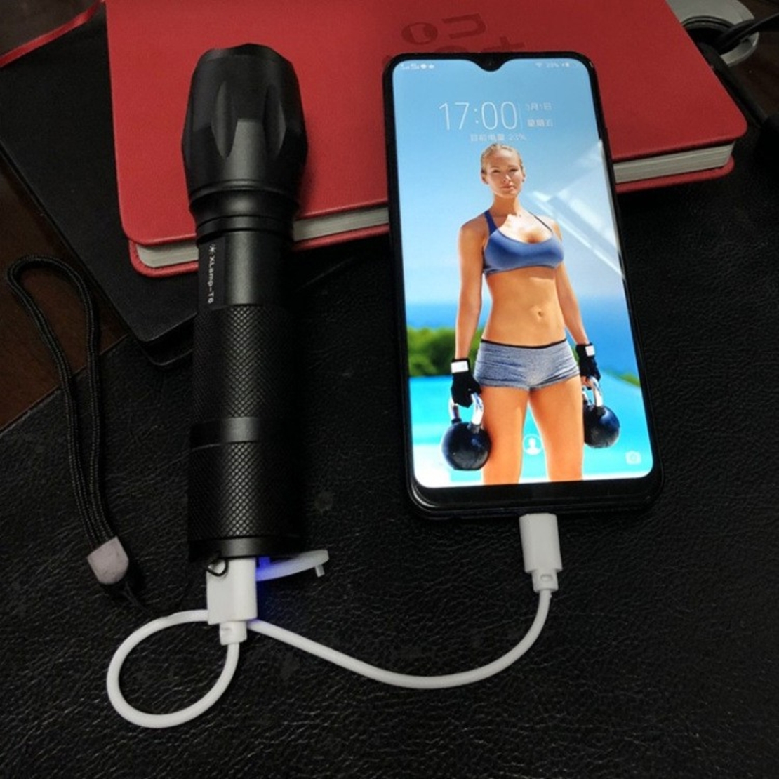 Lanterna Power Bank LED, Vafy, Incarcare USB, Raza 300m, 5W, Model T9 Telescopic 14.7 -15.7 cm, Functie Zoom si Incarcare Telefon, Negru