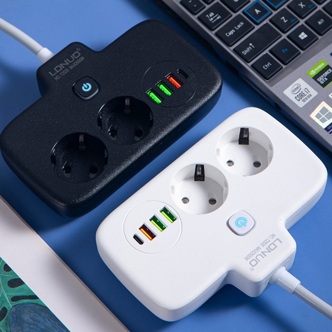 Adaptor Priza, Vafy, 6 in 1, 2 Prize Standard, 3 Porturi USB, 1 Port Tip C, Buton Oprire, 2500W, din PC, Alb