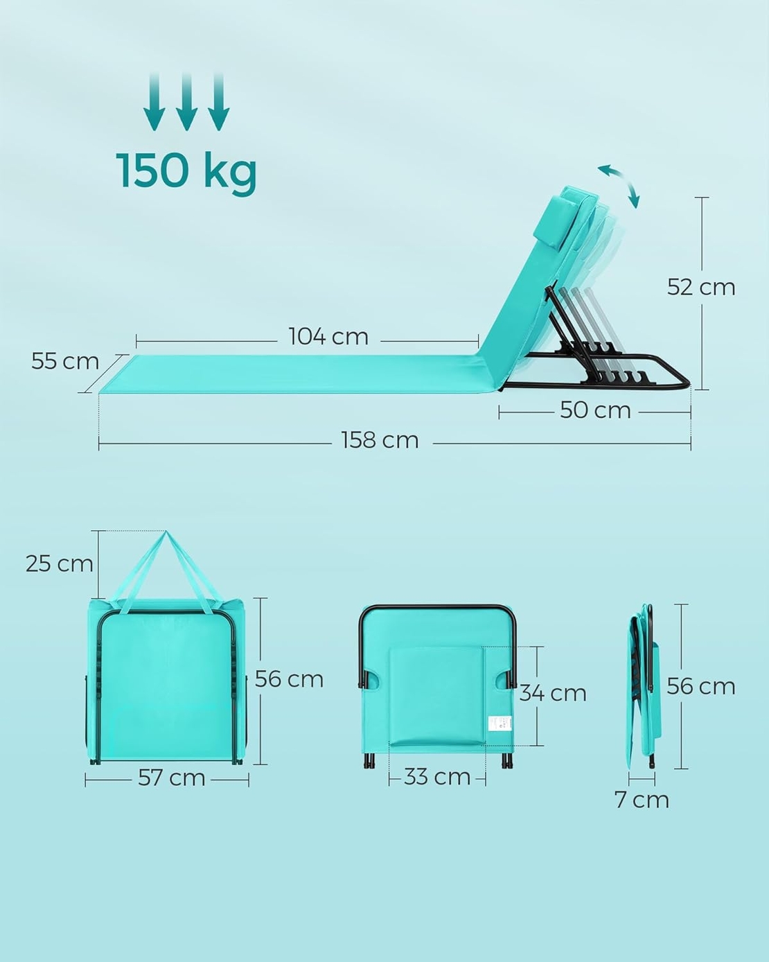 SONGMICS Set 2 sezlonguri plaja pliabile, spatar reglabil in 4 pozitii, tetiera, buzunar depozitare, 158x55 cm, albastru turqoise
