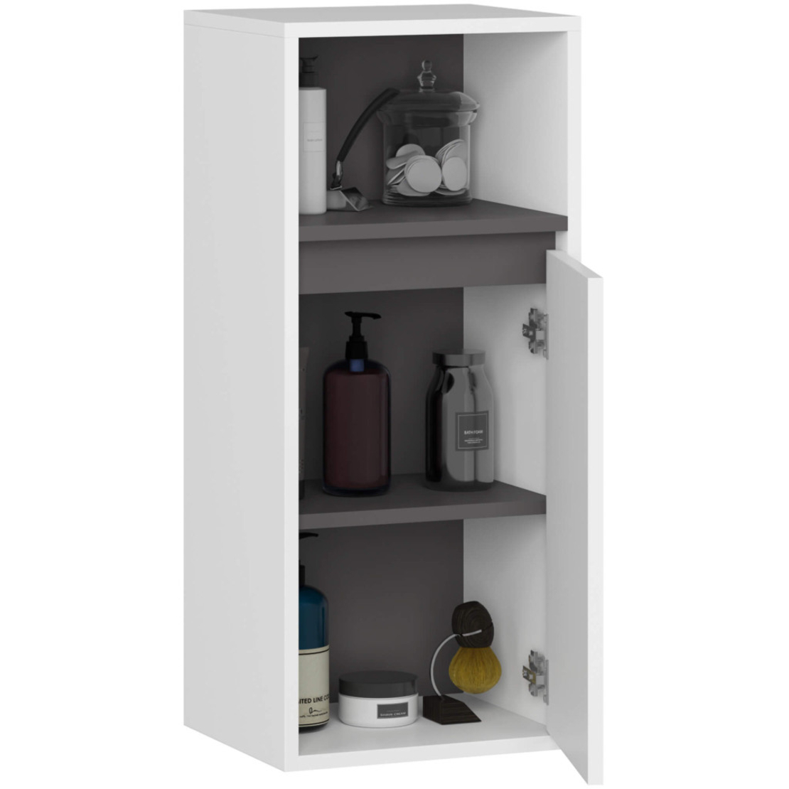 Etajera de baie suspendata, cu usa si 2 polite, PAL 16 mm, 35x30x80 cm, alb si gri