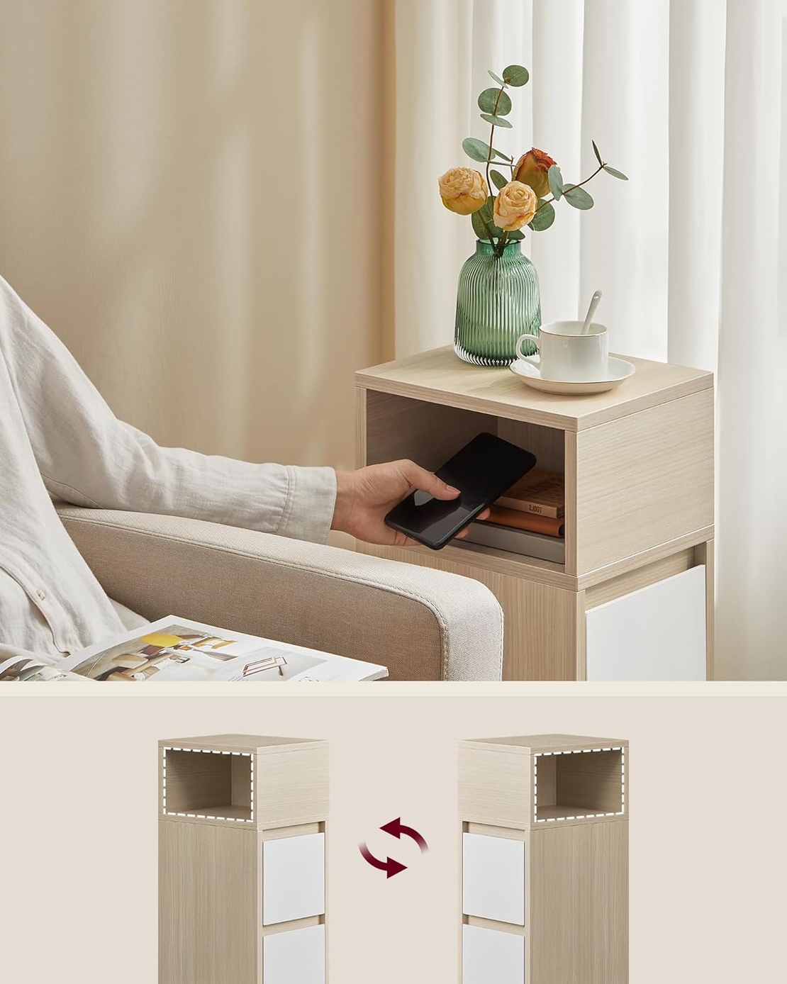 VASAGLE Set 2 noptiere inguste, cu 2 sertare si compartiment deschis, PAL si MDF, 30x25x65 cm, bej si alb