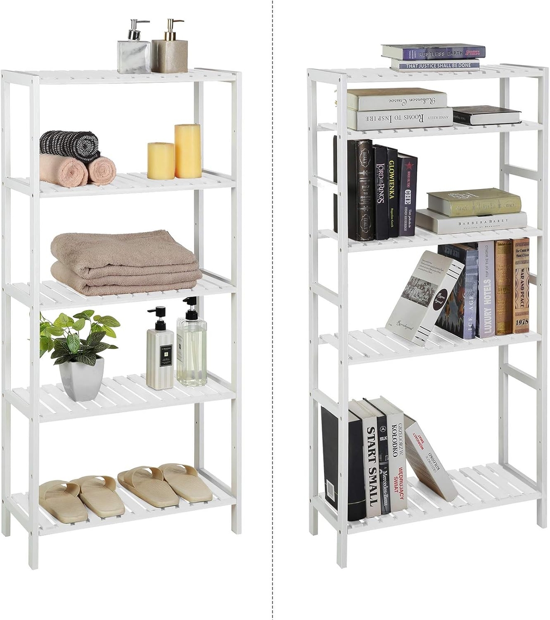 SONGMICS Raft de depozitare din bambus, 5 polite, pentru bucatarie sau baie, 130x60x26cm, alb