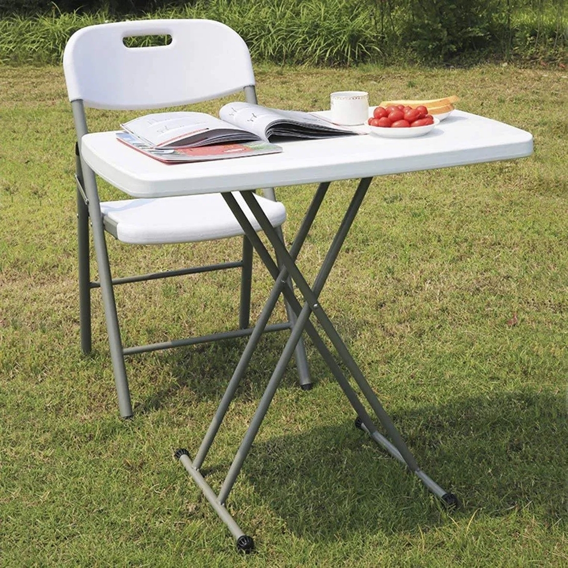 Masa pliabila 76x50 cm, inaltime reglabila 36-71 cm, pentru terasa, gradina sau camping, HDPE alb