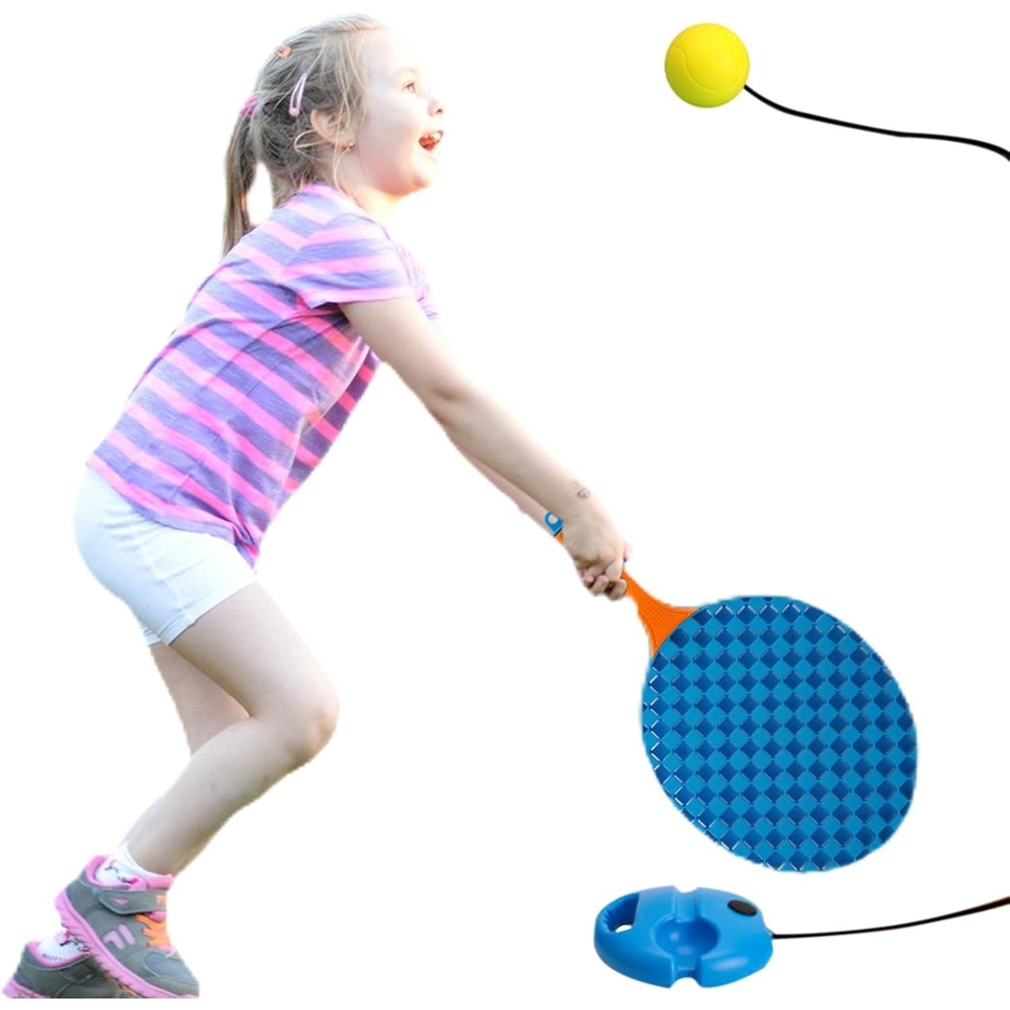 Set Badminton pentru Copii, Flippy, Doua Palete, Fluturas, 2 Mingi, Minge cu Elastic pentru Antrenament, Suport de Prindere Stabil, 41x23 cm, Albastru Portocaliu