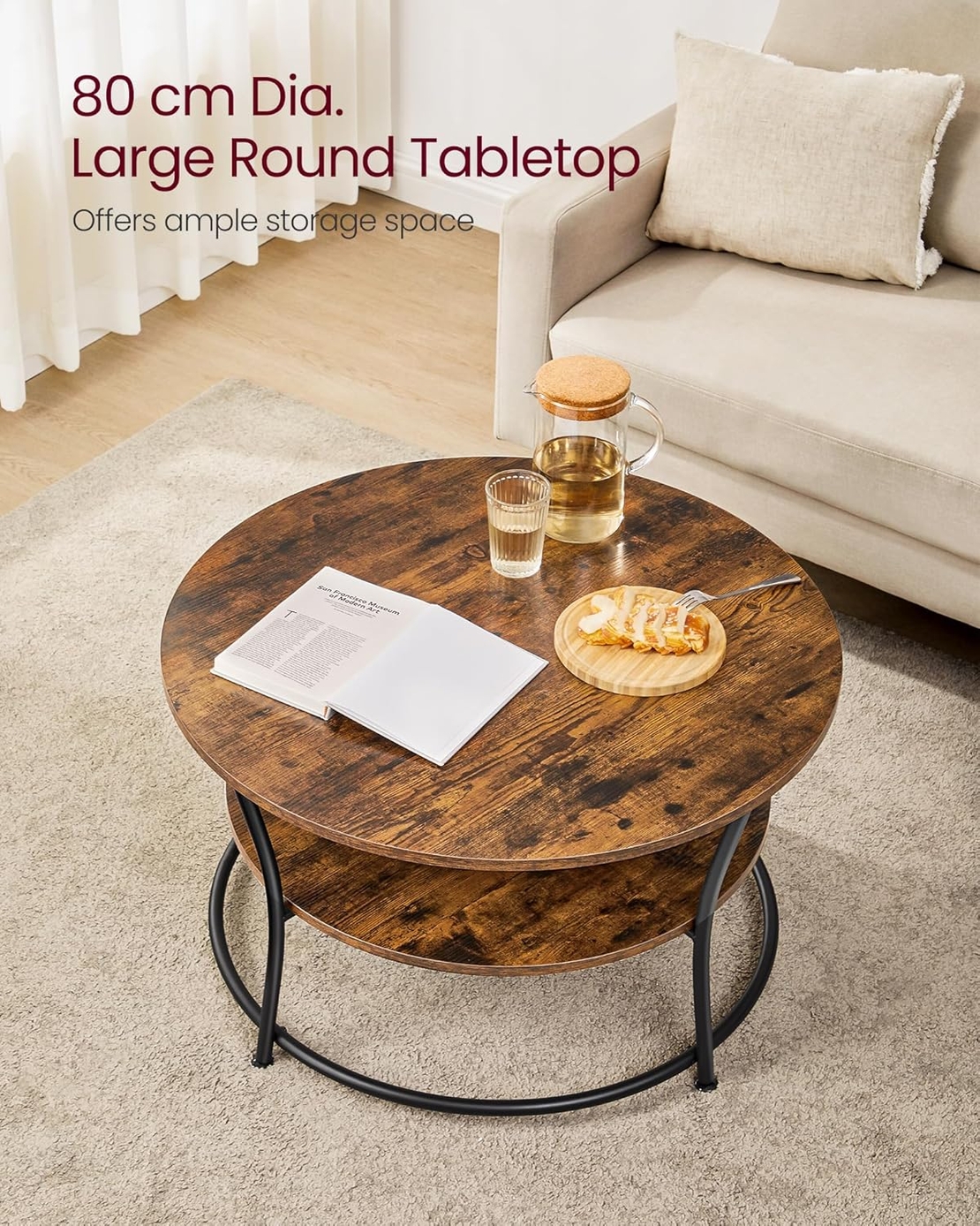 VASAGLE Masuta de cafea rotunda cu raft, cadru metalic, stil industrial, 80x45 cm, maro rustic