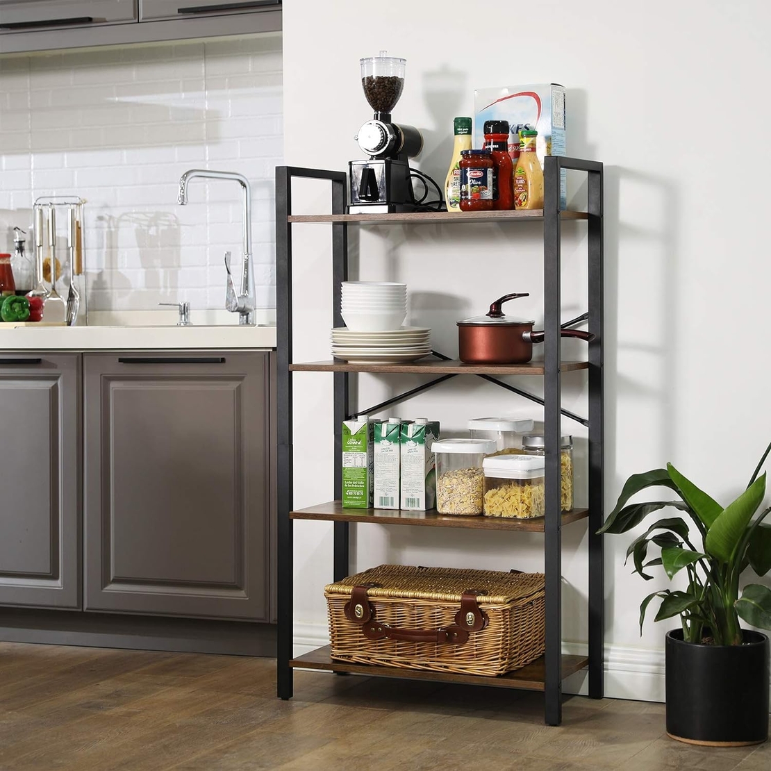 VASAGLE Biblioteca cu 4 etaje din lemn, cadru otel, stil industrial, 66x30x120cm, maro rustic