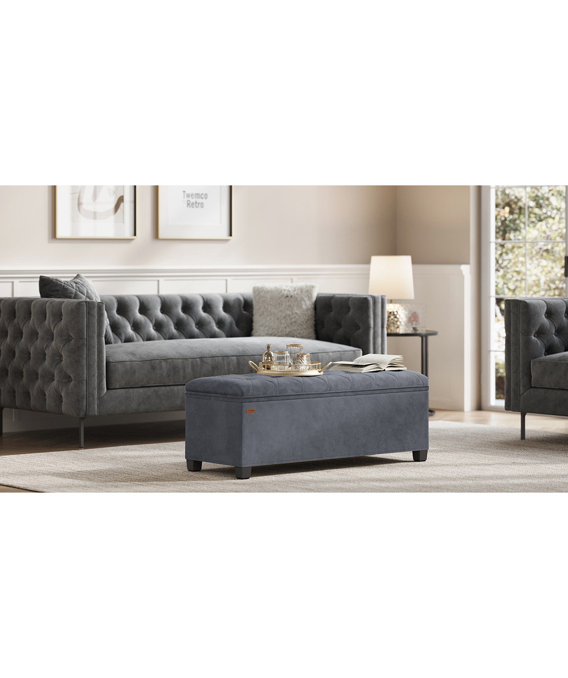 SONGMICS Banca cu spatiu de depozitare 110x40x40 cm, 103 litri, tapitata cu catifea, MDF si spuma, gri